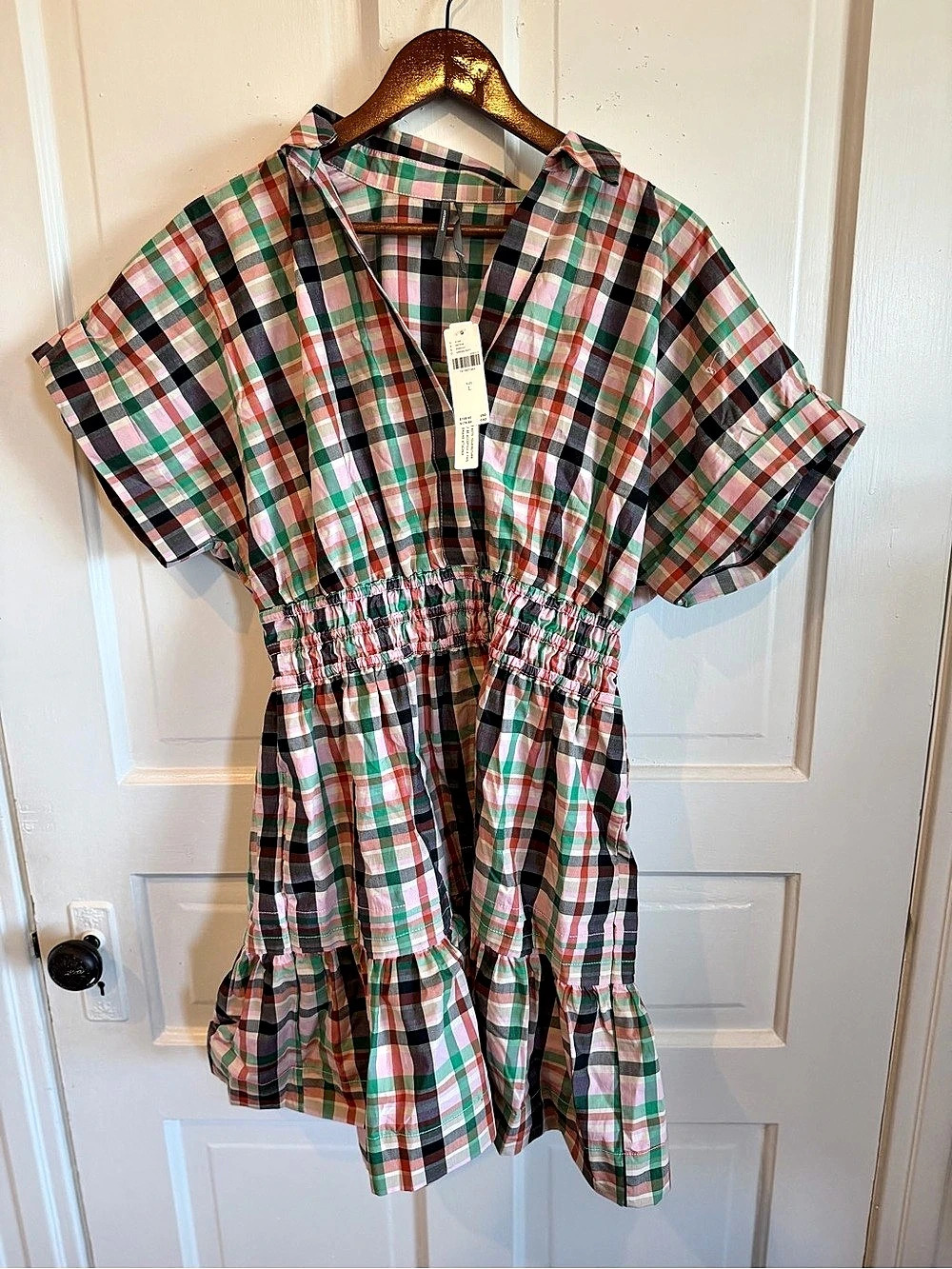 Faithful the Brand Greenwood Mini Dress Plaid Mini Dress in Green & Pink Size L